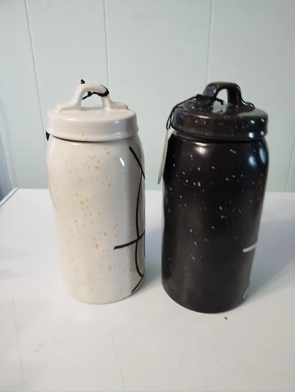 NWT (2) Global Home Spider Canisters - White and Black Ceramic Home Accent
